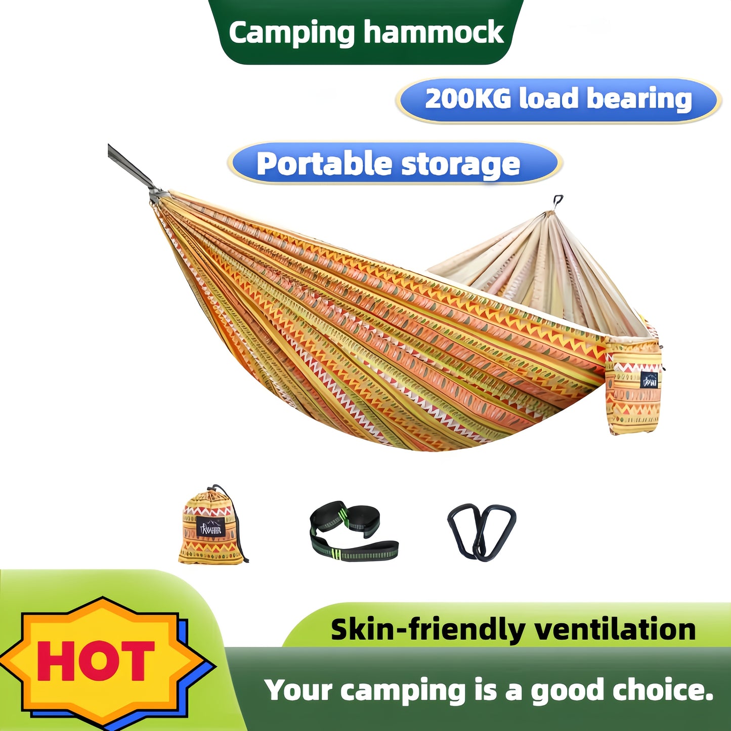 ouble Camping Hammock - Heavy-Duty 180kg Capacity with Tree Straps | Ultra-Soft Organic Cotton, Boho Design for Backyard, Hiking & Backpacking | Compact Travel Bag