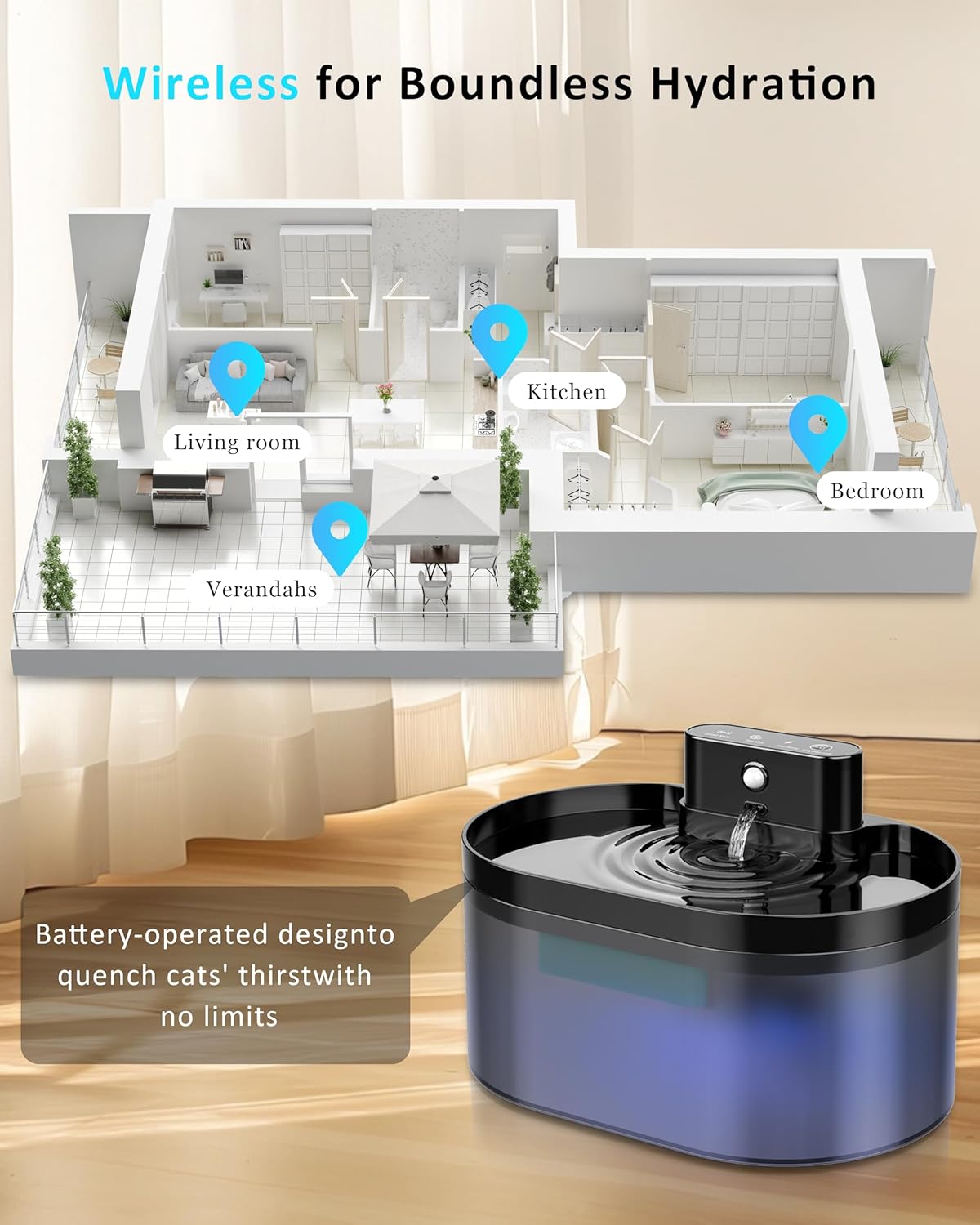 Wireless Cat Fountain:Pet Fountain Water Dispenser Battery Operated