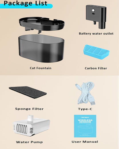 Wireless Cat Fountain:Pet Fountain Water Dispenser Battery Operated