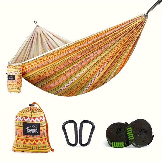 ouble Camping Hammock - Heavy-Duty 180kg Capacity with Tree Straps | Ultra-Soft Organic Cotton, Boho Design for Backyard, Hiking & Backpacking | Compact Travel Bag